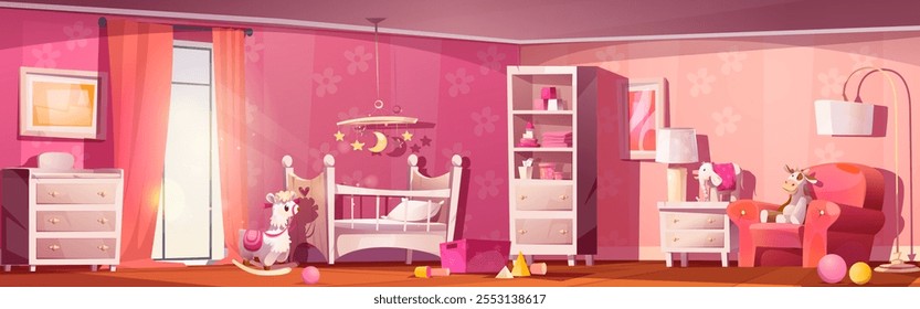 Interior bonito quarto de berçário bebê com caricatura de berço. Quarto infantil de menina pequena com brinquedo, berço e poltrona. Móveis cor-de-rosa de salão para dormir. Decoração móvel com estrelas perto do conceito do berço ilustração