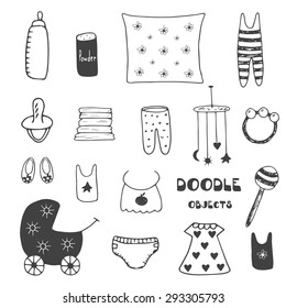 Cute baby objects doodle collection including bottle, bib, rattle, stroller, nipple, diaper and other 