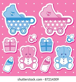 Cute baby objects on pink polka dots background