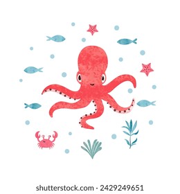 Cute baby octopus and fish. Marine watercolor vector illustration for kids