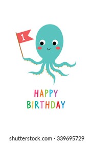 Cute Baby Octopus Happy Birthday Invitation Stock Vector (Royalty Free ...