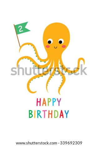 Cute Baby Octopus Happy Birthday Invitation Stock Vector Royalty