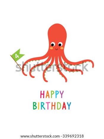 Cute Baby Octopus Happy Birthday Invitation Stock Vector Royalty