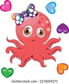 Cute baby octopus with hearts.Cartoon style hand drawn vector illustration.