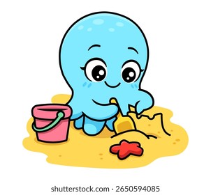 Cute baby octopus playing on the beach with a bucket and spade. A sweet character for a summer vacation theme, children's book illustration, or nursery art. Vector drawing of a kid's beach activity.
