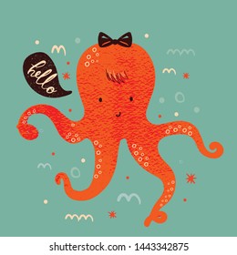 Cute baby octopus  say hello. cartoon hand drawn vector illustration. Can be used for baby t-shirt print, fashion print design, kids wear, baby shower celebration greeting and invitation card.