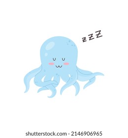 Cute baby octopus sleeping making a snoring sound, flat cartoon vector illustration isolated on white background. Childish adorable octopus under sea dweller.