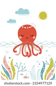 Cute baby octopus swimming in the sea. Vector illustration hand drawn in cartoon style. Funny kids print - sea animal, seaweeds, waves