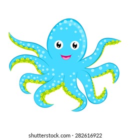 Cute baby octopus vector Cyan blue spotted cartoon character isolated on white background Ocean animal, sea life, funny smiling squid Great for illustration, t shirt stamp, animal, wildlife design