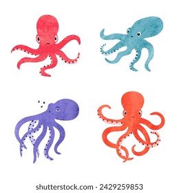 Lindo juego de vector de pulpo bebé. Acuarela animales marinos para niños