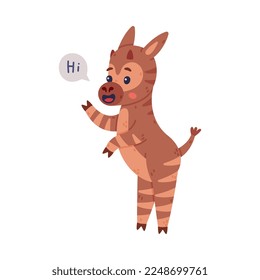 Cute baby okapi saying Hi. Funny wild African animal character waving his hoof cartoon vector illustration