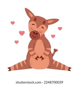 Cute baby okapi sitting on ground, pink hearts flying around him. Funny wild African animal character standing with his head bowed cartoon vector illustration