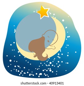 Cute baby on moon with star and snow falling - Christmas concept