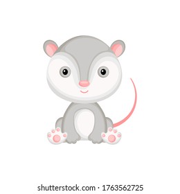 Cute baby opossum sitting isolated on white background. Adorable animal character for design of album, scrapbook, card, invitation on baby shower, party. Flat cartoon colorful vector illustration.