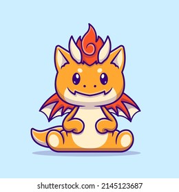 Cute Baby Orange Dragon Sitting Cartoon Vector Icon Illustration. Animal Nature Icon Concept Isolated Premium Vector. Flat Cartoon Style