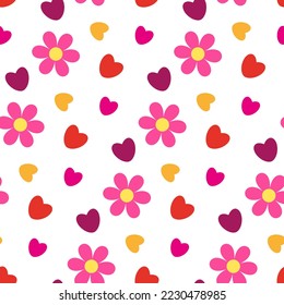 Cute baby ornament with pink flowers. Floral pattern on white background for little pretty girls. Gentle spring childish texture with hearts. Fantasy seamless wallpaper of girly nursery. Cutest print.