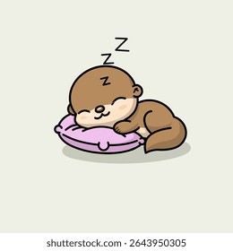 Cute baby otter sleeping peacefully with its favorite pillow in a cozy vector illustration.