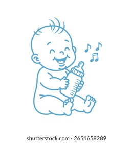 Cute Baby Outline Vector Image, Baby and Bottle Cartoon Image Vector, Kids, Child, Nursery, Baby Shower Decorative Element Vector.