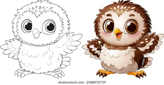 Cute baby owl with detailed coloring and outline