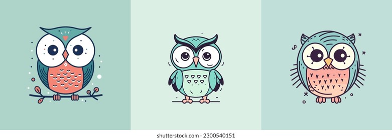 Cute baby owl mascot kawaii cartoon bird illustration set collection