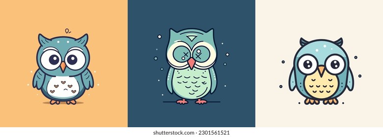 Cute baby owl mascot kawaii cartoon bird illustration set collection