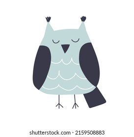 Cute baby owl sleeping. Funny Scandinavian bird asleep. Kids animal. Scandi nordic fairytale character for nursery children. Childish colored flat vector illustration isolated on white background