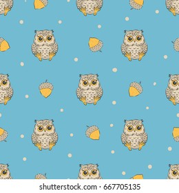 Cute baby owls and acorns seamless pattern. Vector background for kids design. 