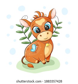 Cute baby ox with a bell, sitting on a grass, butterfly flying around. Summer or spring vector illustration.