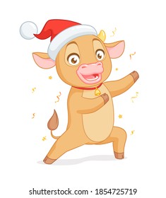 Cute baby ox in Santa's hat showing and presenting. Vector cartoon character isolated on white background.