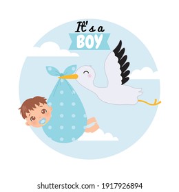 Cute baby with pacifier are being carried by a stork. Baby shower illustration card. Flat vector design.