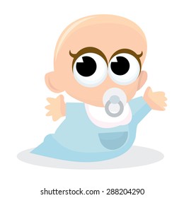 Cute baby with pacifier and bib crawling for attention.
