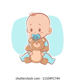 Cute baby with pacifier and sitting holding a teddy bear