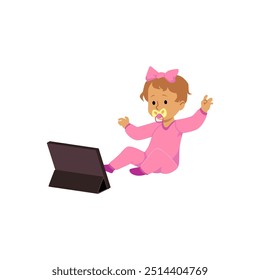 Cute baby with pacifier sitting and looking at the smartphone or tablet device. Little girl using gadget. Kid online education, communication, entertainment. Cartoon vector illustration