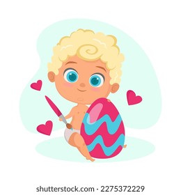 Cute baby painting Easter egg vector illustration. Happy child with paint brush preparing for holiday on white background. Easter, spring, holiday, celebration concept