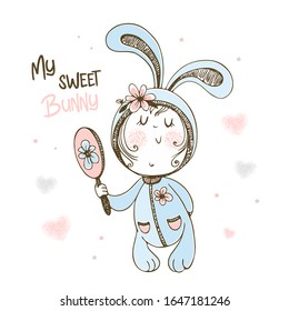 Cute baby in pajamas Bunny admiring in the mirror. Vector.