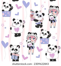 Cute baby panda, anime little girl and gift boxes in kawaii doodle style. Happy Birthday concept. Vector cartoon illustration seamless pattern