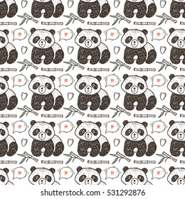 Cute Baby Panda with bamboo Vector Seamless pattern. Endless wallpaper with Pandas. Hand Drawn Doodle Funny Black and White Bear. Background for kids