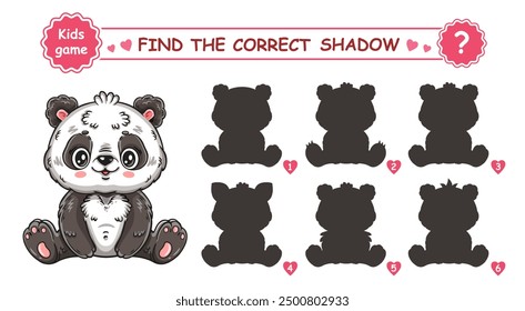 Cute baby panda bear animal, find correct shadow shape. Children education puzzle matching game. Funny little wild mammal cartoon character. Search right silhouette. Kid logical learning task. Vector