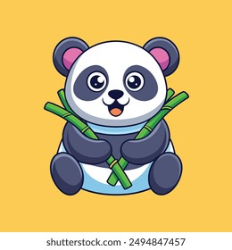 a cute baby panda bear eating bamboo illustration art