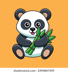 a cute baby panda bear eating bamboo illustration art