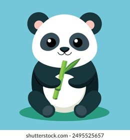 a cute baby panda bear eating bamboo illustration art