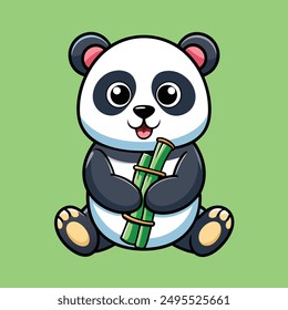 a cute baby panda bear eating bamboo illustration art