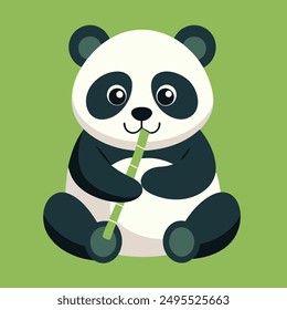 a cute baby panda bear eating bamboo illustration art