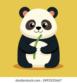 a cute baby panda bear eating bamboo illustration art