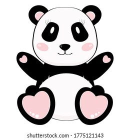 Cute baby panda bear with heart. Vector illustration isolated on white background. Cartoon style. 