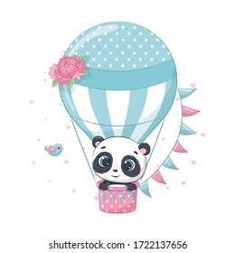 Cute baby panda bear on a hot air balloon. Vector illustration for baby shower, greeting card, party invitation, fashion clothes t-shirt print.