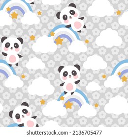 cute baby panda bear in the sky with rainbow, star and clouds, gray kids seamless pattern background with floral texture print, pet animals wrapping paper childish design, eps vector
