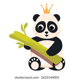 Cute baby panda bear wearing a gold crown and holding a green bamboo branch