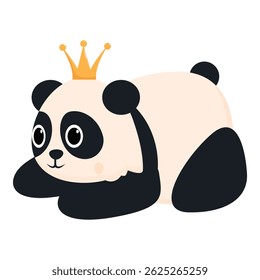 Cute baby panda bear wearing a golden crown lying down and relaxing