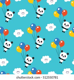 cute baby panda bears, clouds, balloons, sky seamless pattern